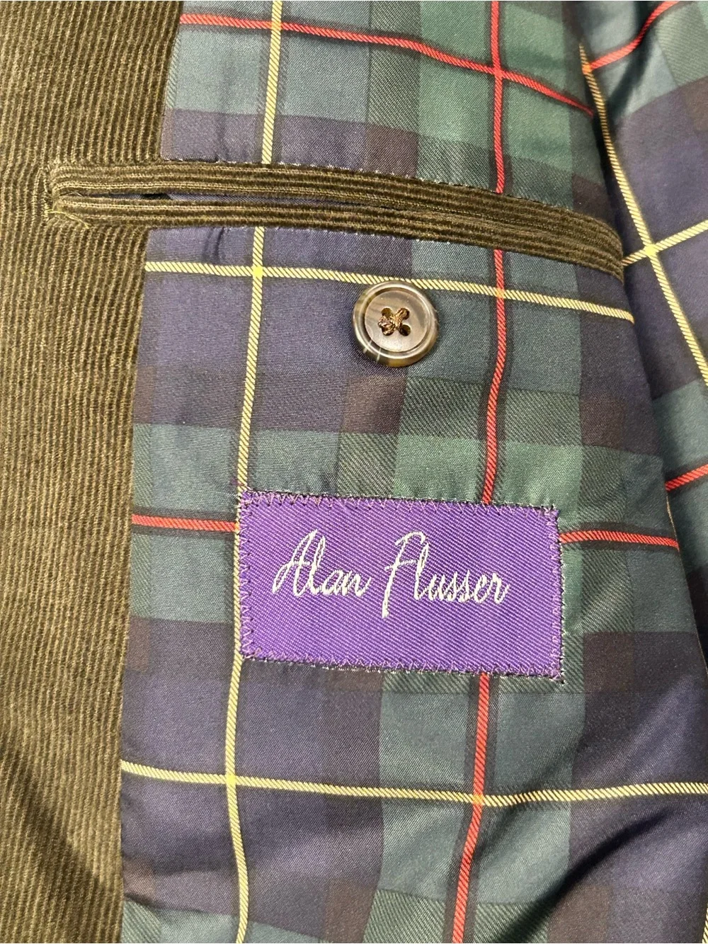 Alan Flusser Olive‎ Brown Corduroy Blazer with Tartan Plaid Lining Men’s Large